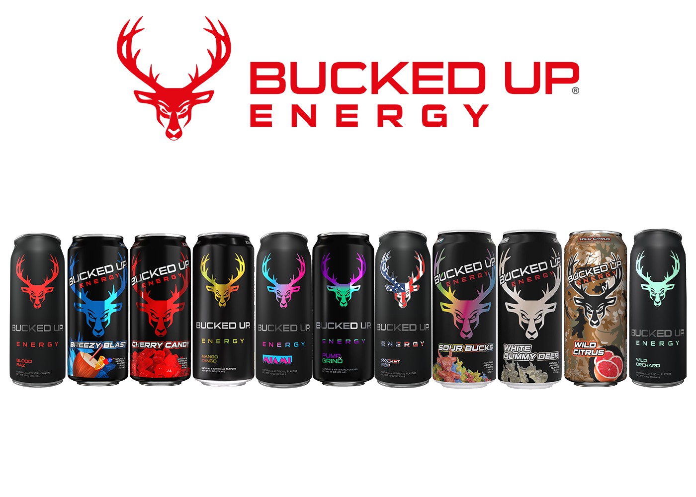 Assorted cans of Bucked Up energy drinks in a mixed case variety pack, featuring bold flavors and performance-focused energy.
