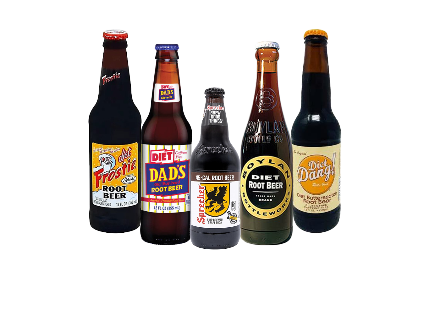Assorted craft diet root beers in a mixed case - Boylan, Dad's, Dang!, Frostie, and Sprecher. Perfect for sampling, sharing, or enjoying sugar-free, refreshing root beer flavor.