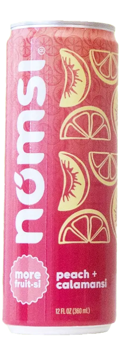 Can of Nomsi Calamansi + Peach soda blending zesty Filipino calamansi with sweet peach flavor, made with real fruit juice.