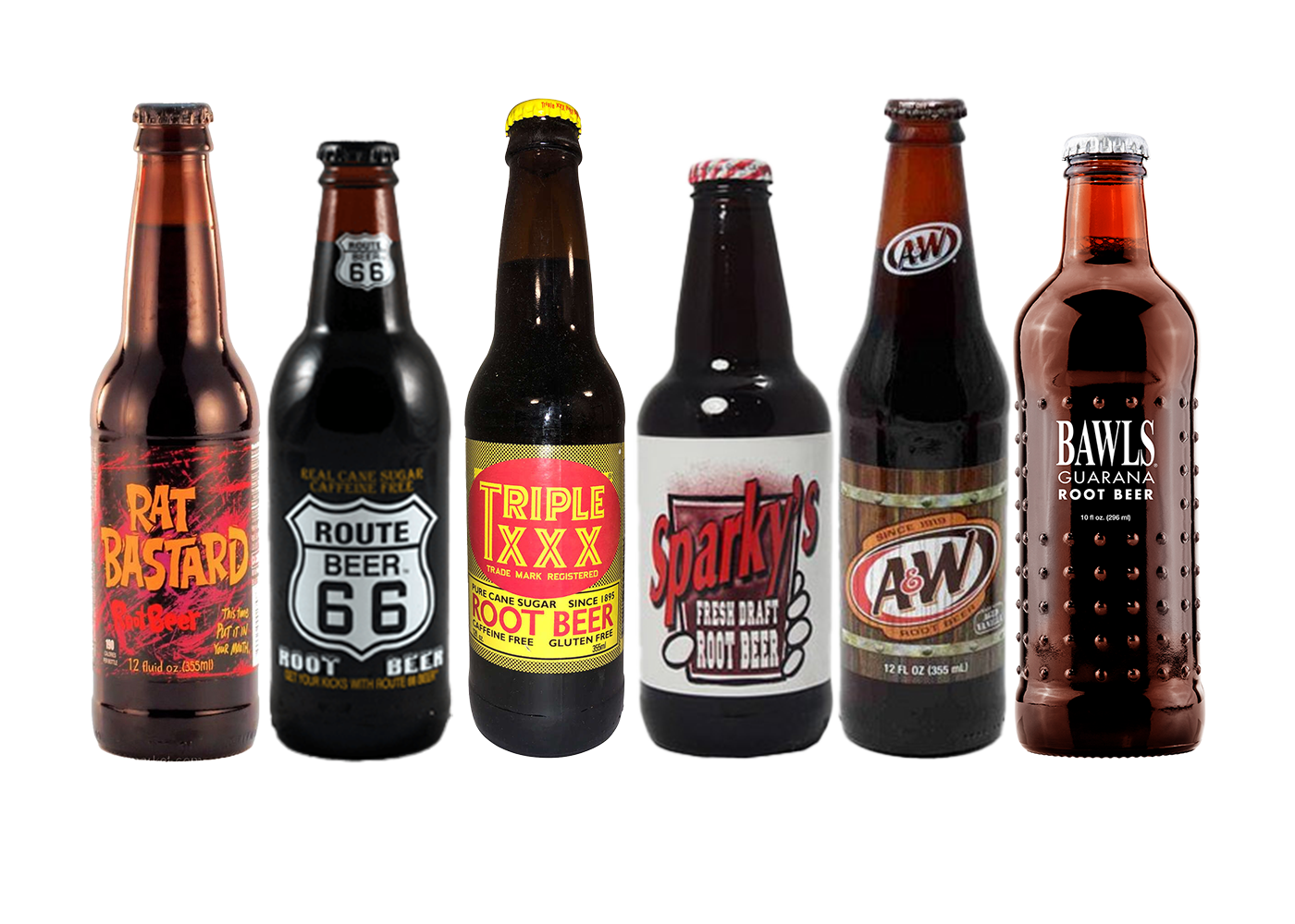Mixed case of six craft root beers including A&W, Bawls, Rat Bastard, Route 66, Sparky’s, and Triple X, perfect for sampling, sharing, and enjoying a variety of flavors.