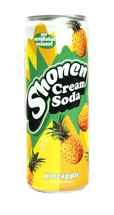 Can of Shonen Pineapple Cream Soda featuring tropical pineapple flavor with a smooth, creamy finish, crafted with real cane sugar.