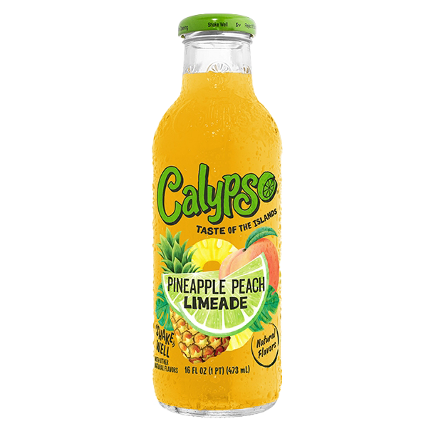 Gold Calypso Pineapple Peach Limeade bottle on a white background