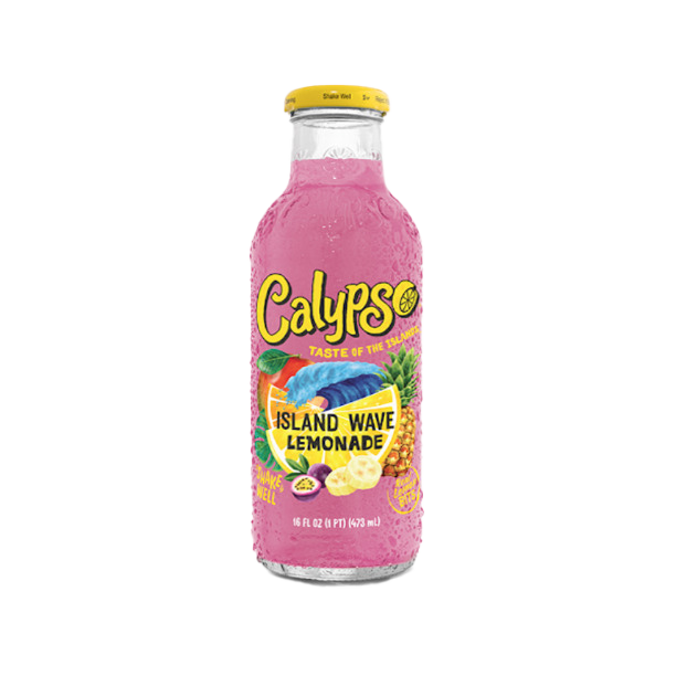 Pink bottle of Calypso Island Wave Lemonade on a white background