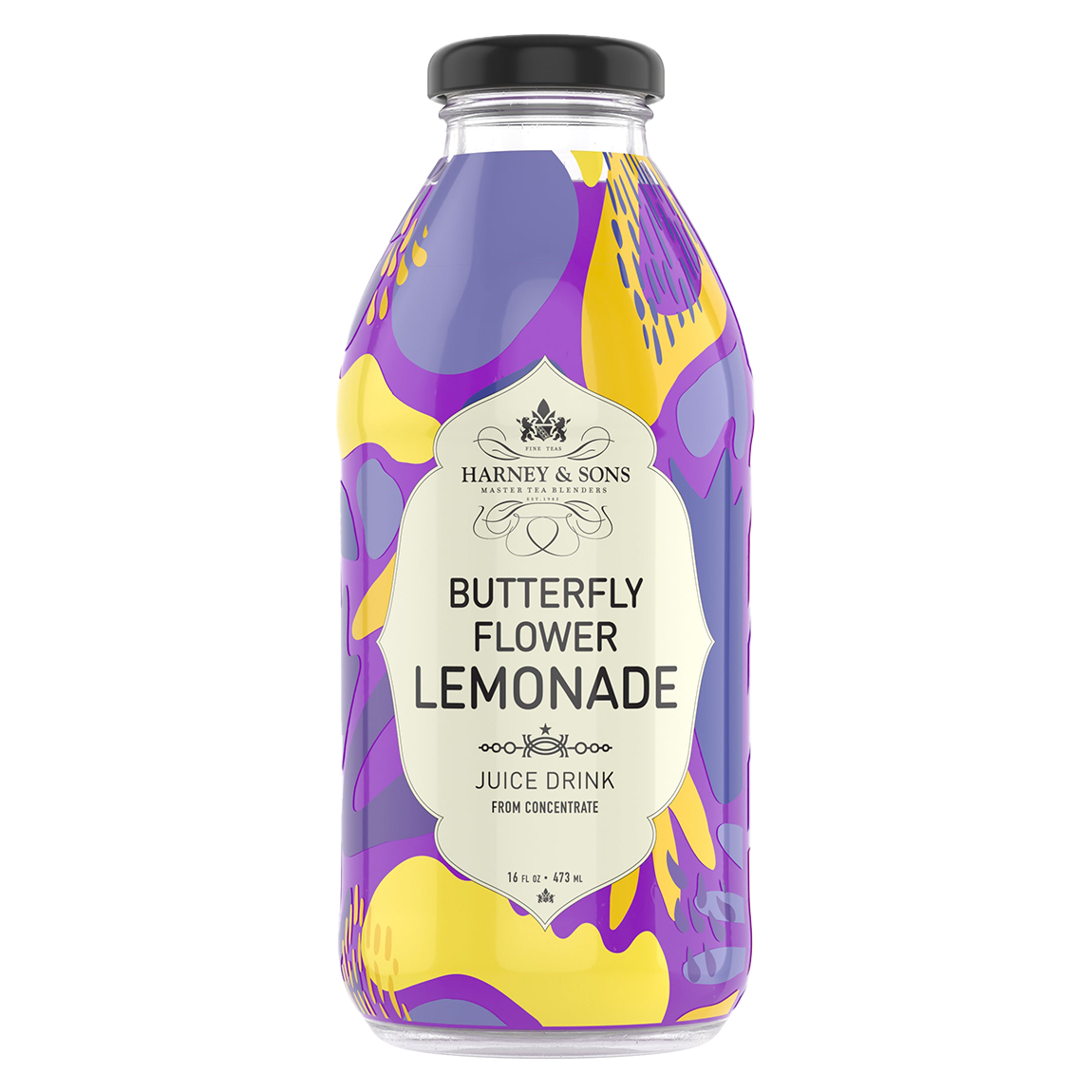 Bottle of Harney & Sons Butterfly Flower Lemonade with a colorful label on a white background