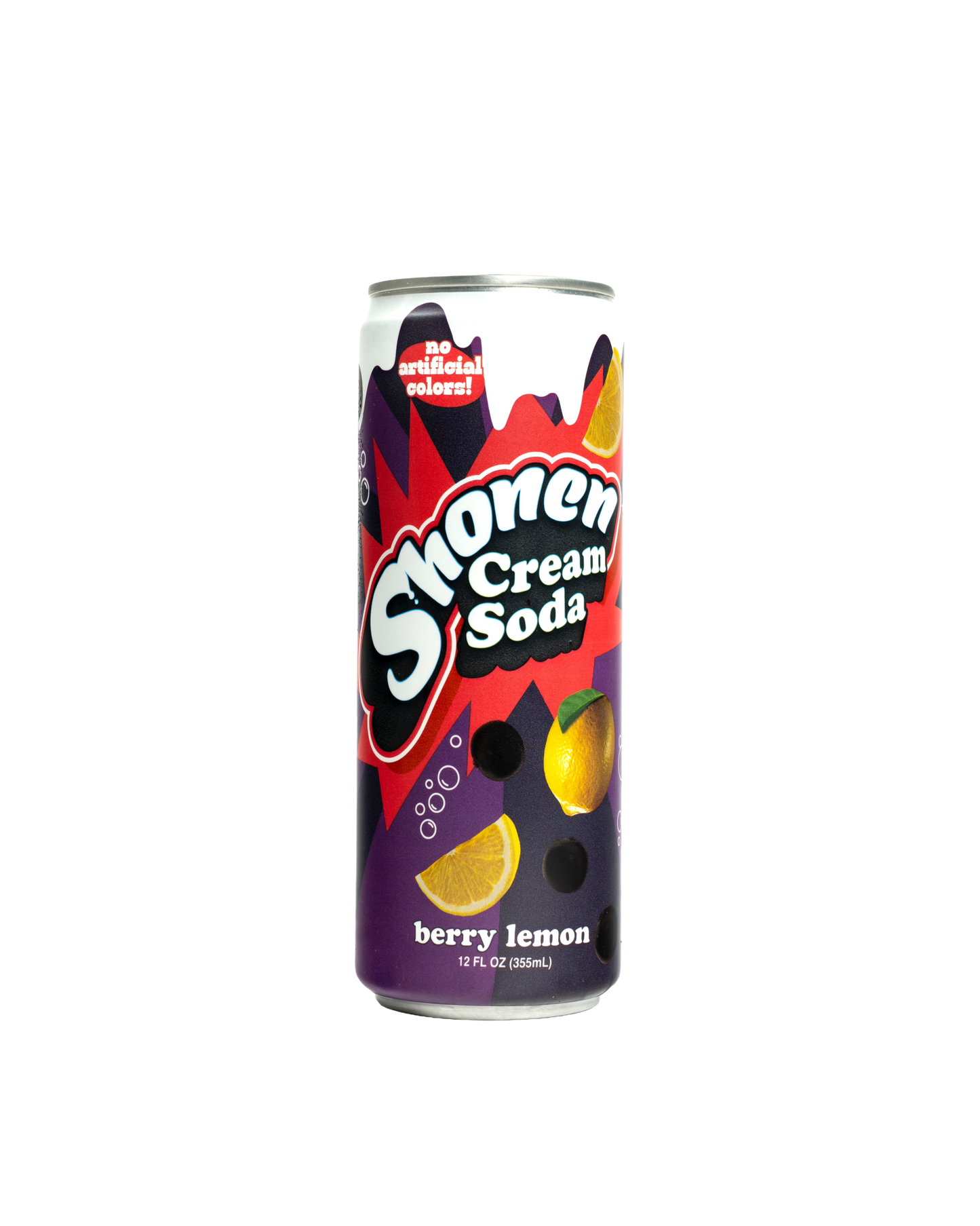 Can of Shonen Lemon Berry Cream Soda blending tart lemon with sweet berry flavor and a smooth cream finish, made with real cane sugar.