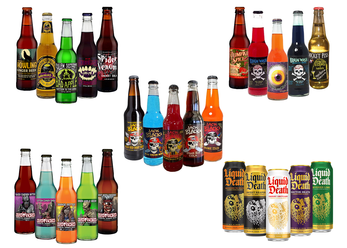 Images of 25 Halloween Themed Craft Sodas in 12 oz glass bottles