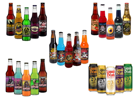Images of 25 Halloween Themed Craft Sodas in 12 oz glass bottles