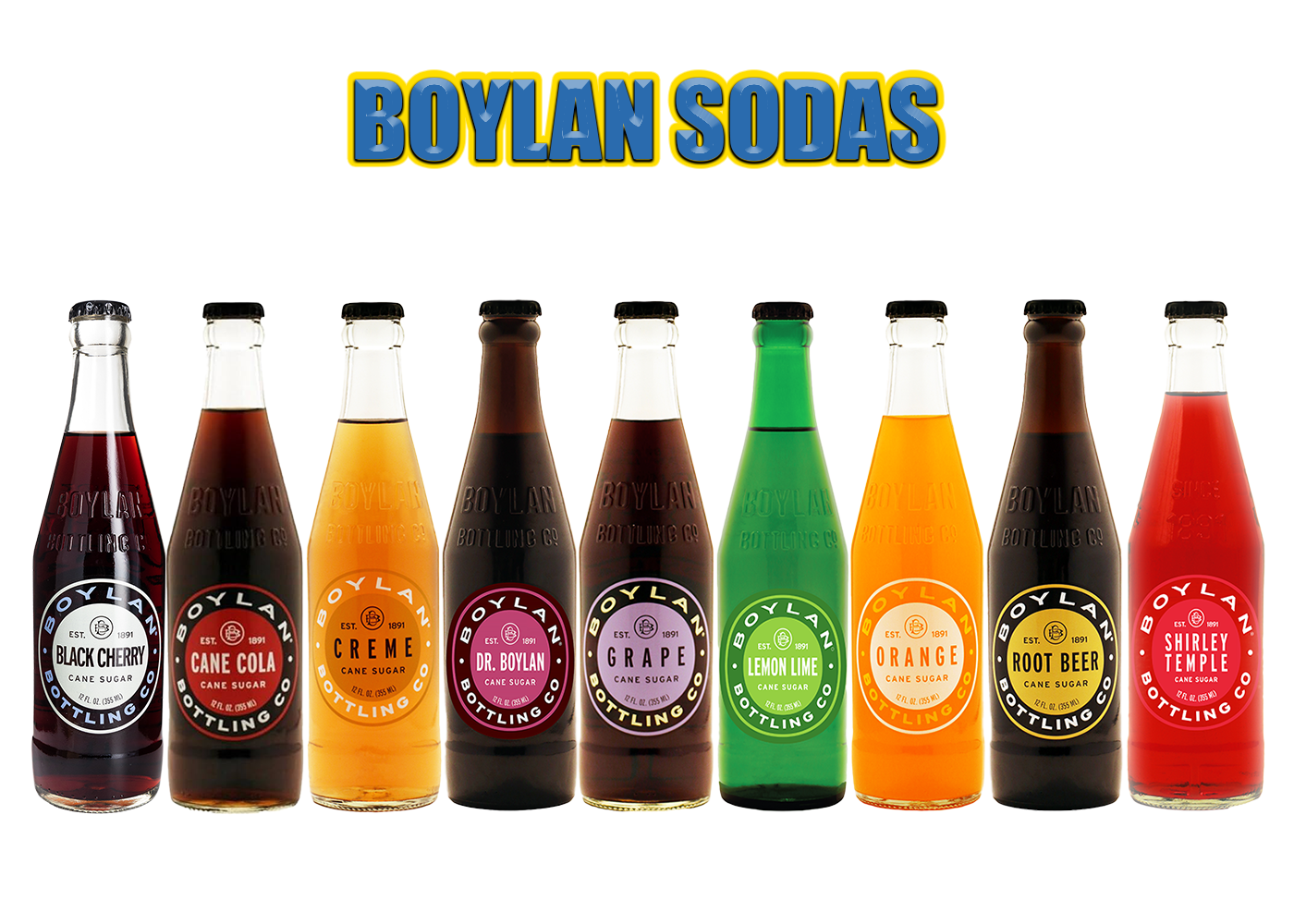 Mixed case variety pack of Boylan craft sodas featuring assorted glass bottles with classic flavors and real cane sugar.