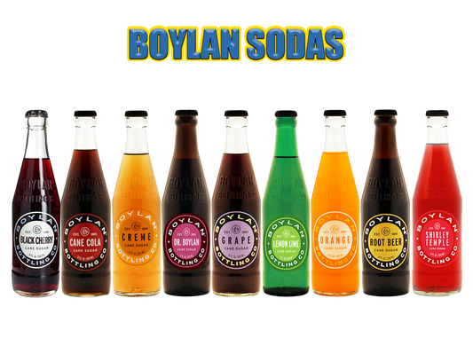Mixed case variety pack of Boylan craft sodas featuring assorted glass bottles with classic flavors and real cane sugar.