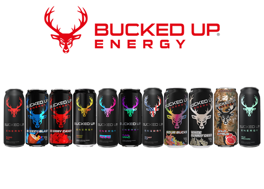Assorted cans of Bucked Up energy drinks in a mixed case variety pack, featuring bold flavors and performance-focused energy.