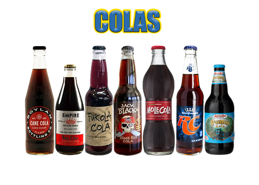 Mixed case variety pack of craft colas featuring assorted bottles with rich caramel flavor and crisp carbonation.