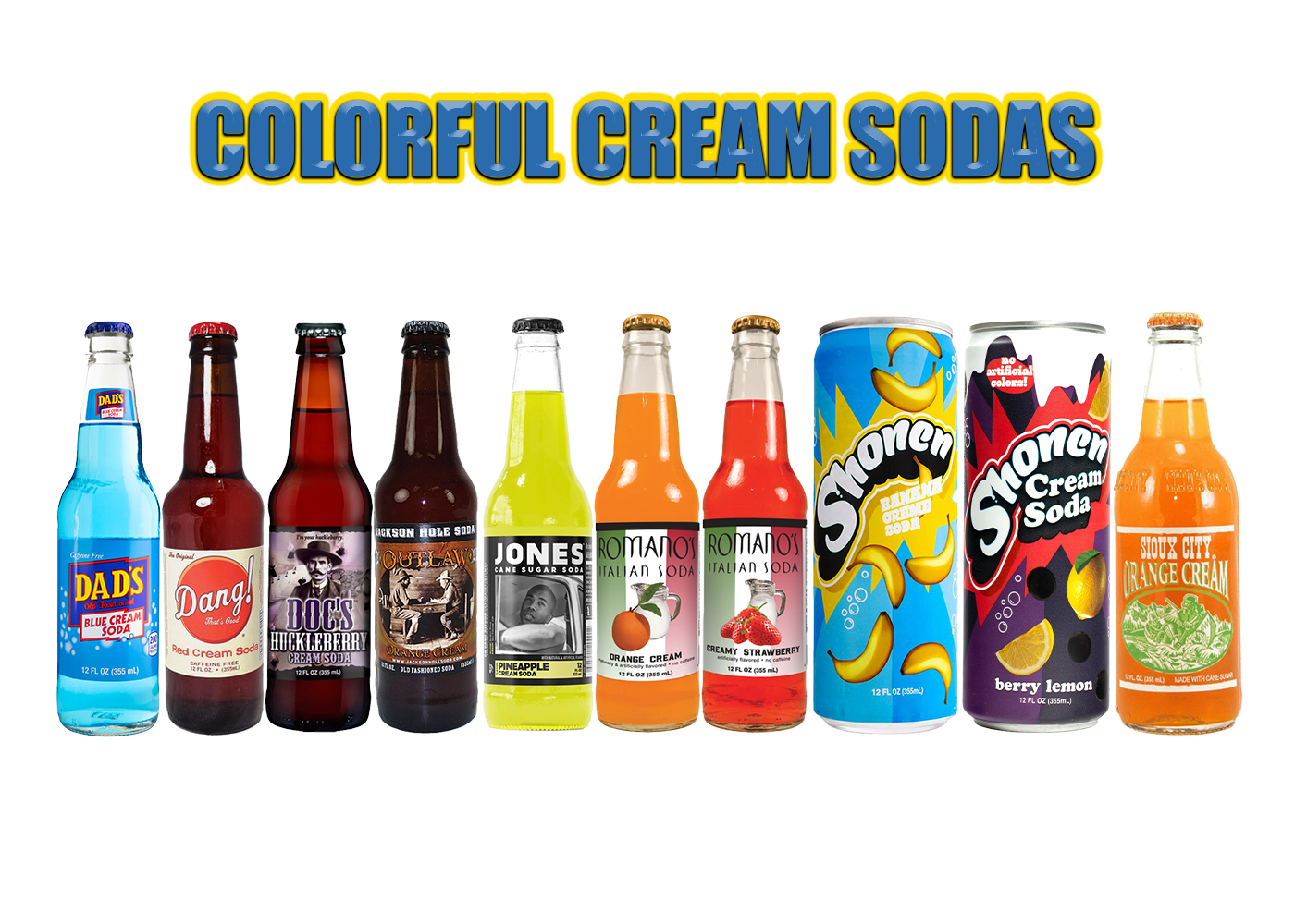 Assorted colorful craft cream soda bottles in a mixed case, featuring vibrant flavors and premium gourmet soda for parties or gifts.
