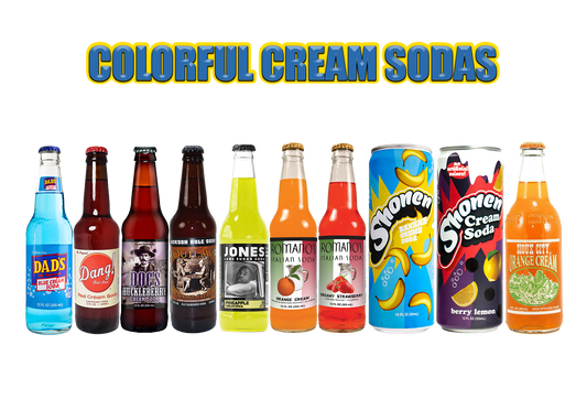 Assorted colorful craft cream soda bottles in a mixed case, featuring vibrant flavors and premium gourmet soda for parties or gifts.