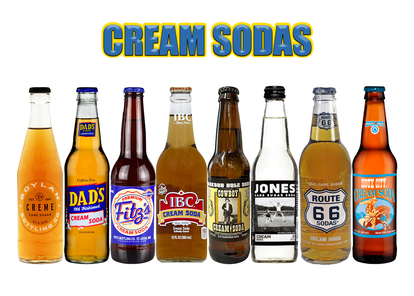 Assorted craft cream sodas in glass bottles, delivering nostalgic and flavorful refreshment.