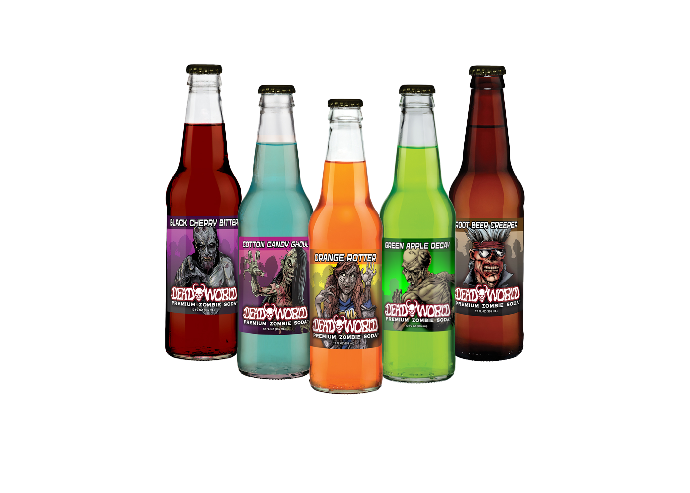 Five 12 oz bottles of Dead World Craft Soda