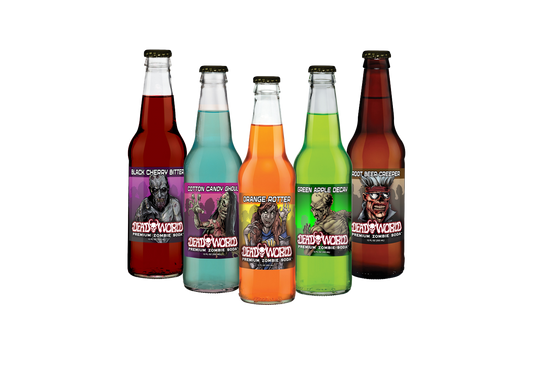 Five 12 oz bottles of Dead World Craft Soda