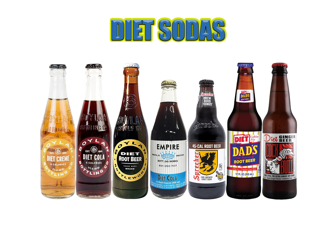 Collection of vintage-style diet soda bottles with labels on a white background.