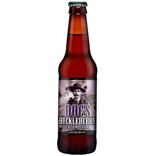 Bottle of Doc's Huckleberry Cream Soda with a label featuring a vintage-style illustration on a white background.