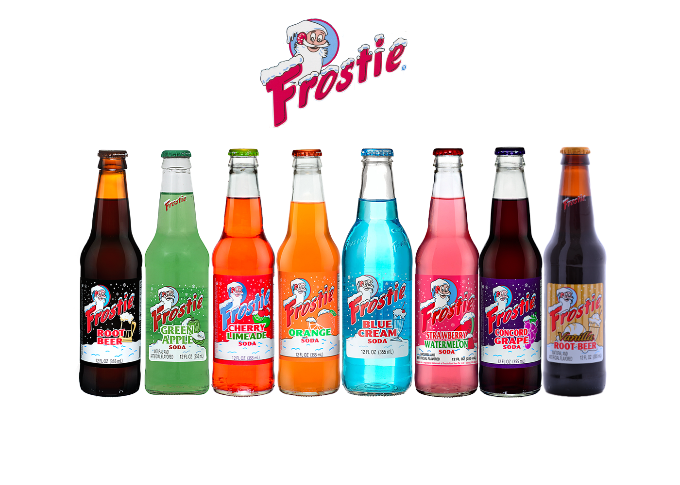 Assorted bottles of Frostie’s drinks, featuring classic, flavorful sodas with smooth taste and lively fizz for a nostalgic soda experience.