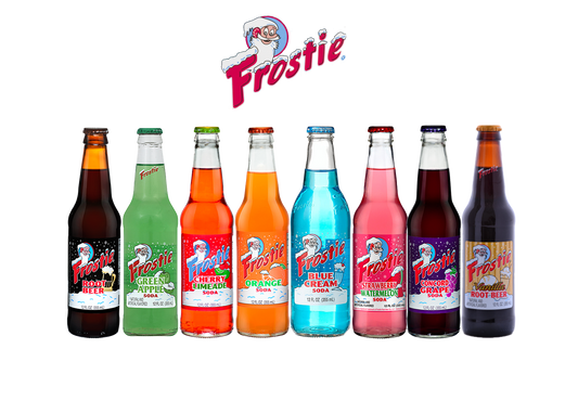 Assorted bottles of Frostie’s drinks, featuring classic, flavorful sodas with smooth taste and lively fizz for a nostalgic soda experience.