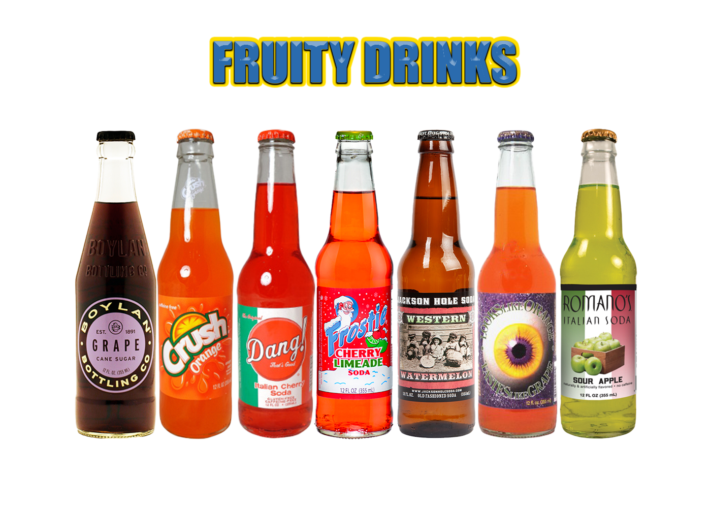 Assorted fruity drinks in a variety of bright flavors with smooth taste and lively fizz.