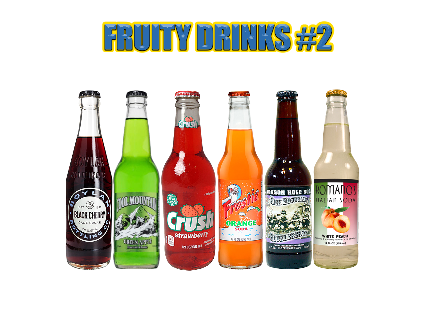 Assorted fruity drinks in a variety of bright flavors with smooth taste and lively fizz.
