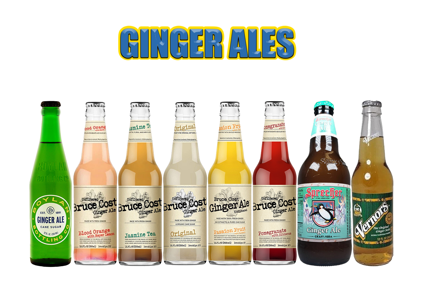 Assorted bottles of ginger ale, featuring crisp, smooth soda with zesty ginger flavor and refreshing fizz.