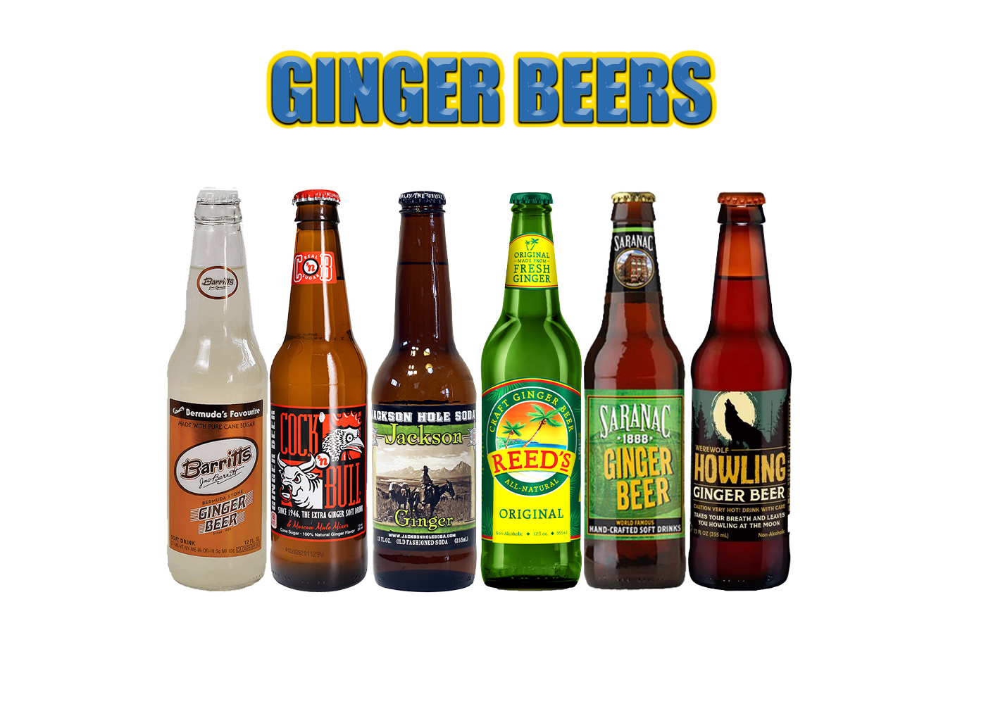 Assorted bottles of ginger beer, featuring bold, spicy ginger flavor with smooth taste and refreshing, effervescent fizz.