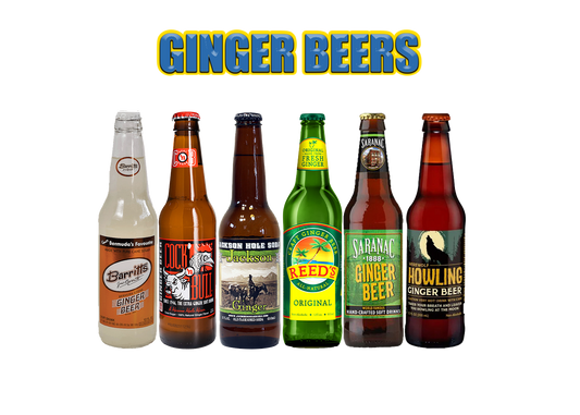 Assorted bottles of ginger beer, featuring bold, spicy ginger flavor with smooth taste and refreshing, effervescent fizz.