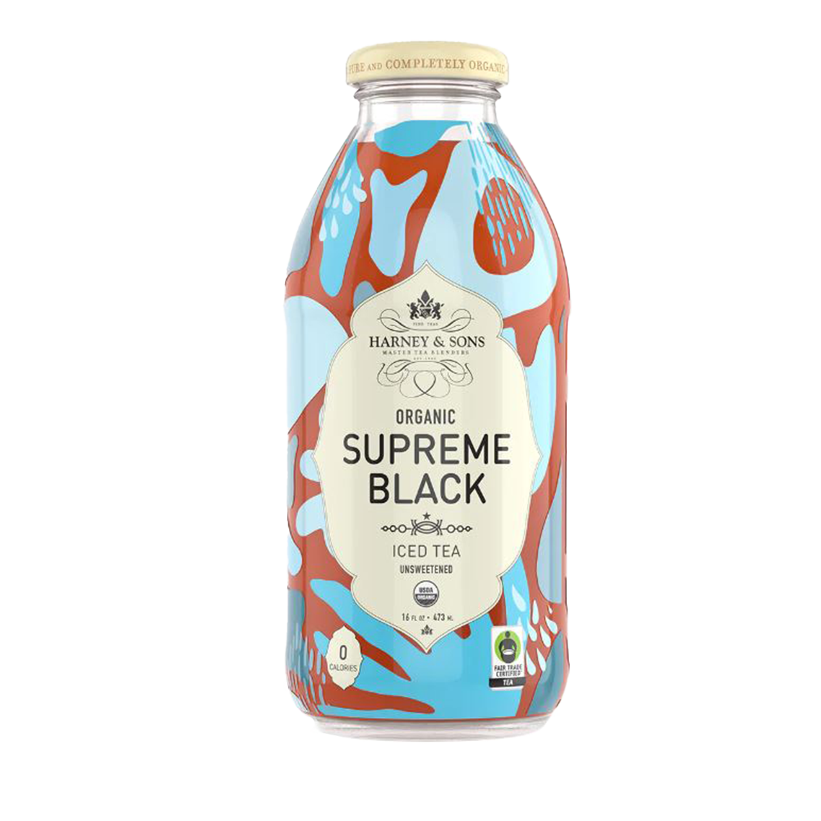 Bottle of Harney & Sons Organic Supreme Black Iced Tea with colorful label on a white background