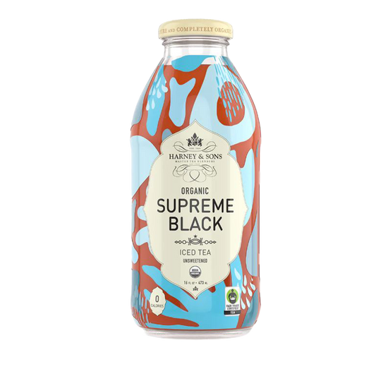 Bottle of Harney & Sons Organic Supreme Black Iced Tea with colorful label on a white background