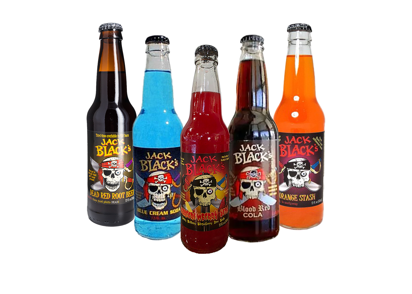 Five 12 oz glass bottles of Jack Black's Pirate Themed Craft Soda