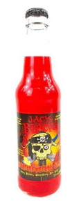 Bottle of Red Soda with a skull and crossbones design on a black background