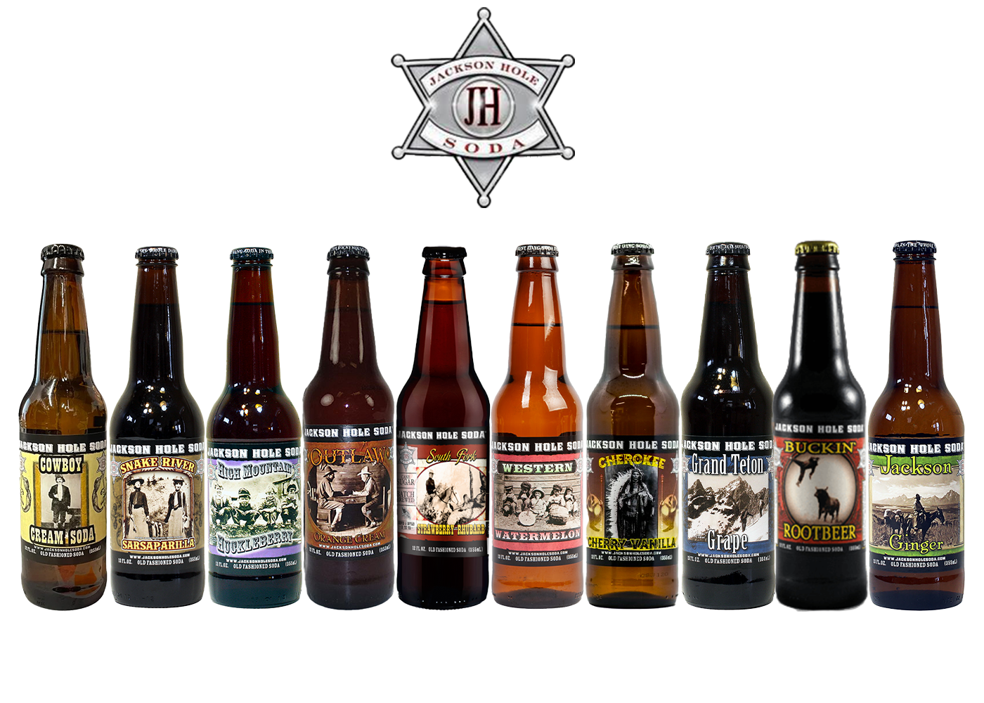 Assorted bottles of Jackson Hole Drinks, featuring bold, smooth craft soda flavors with lively fizz and refreshing taste.