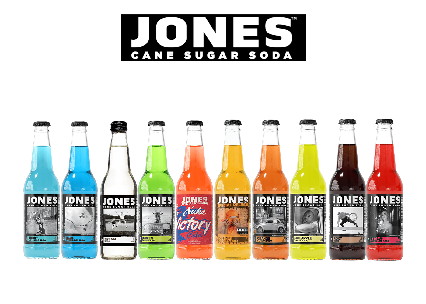 Jones Cane Sugar Soda bottles in various flavors on a white background