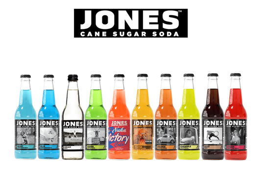 Jones Cane Sugar Soda bottles in various flavors on a white background