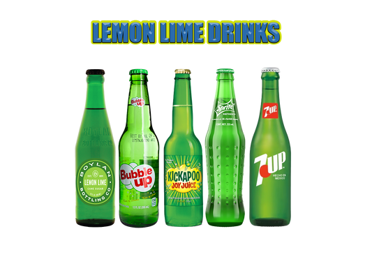 Assorted bottles of lemon lime soda in a mixed case, featuring crisp citrus flavors, smooth taste, and refreshing fizzy soda.