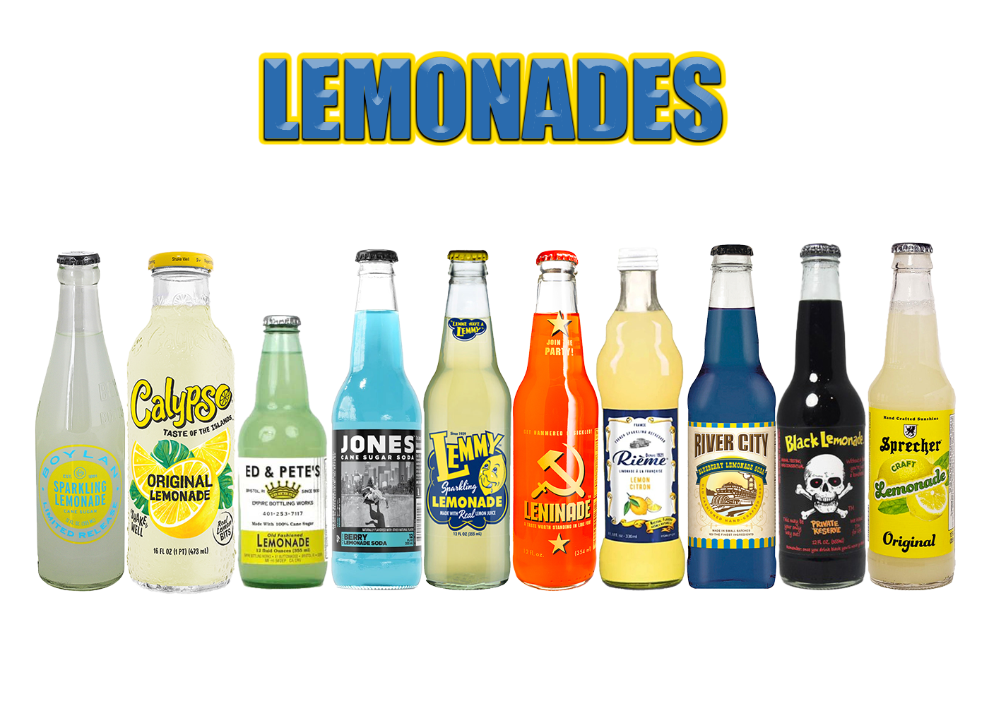 Assorted bottles of lemonade soda, featuring crisp, citrus-forward flavors with smooth taste and refreshing fizz.