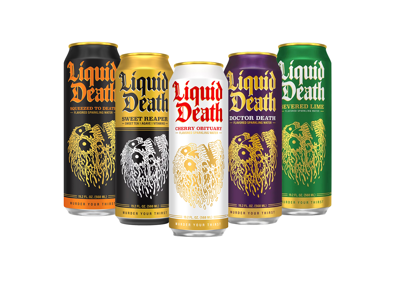 Five 19.25 oz cans of Liquid Death Waters and Teas