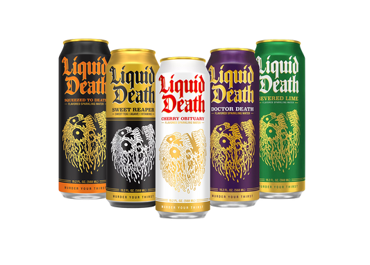 Five 19.25 oz cans of Liquid Death Waters and Teas