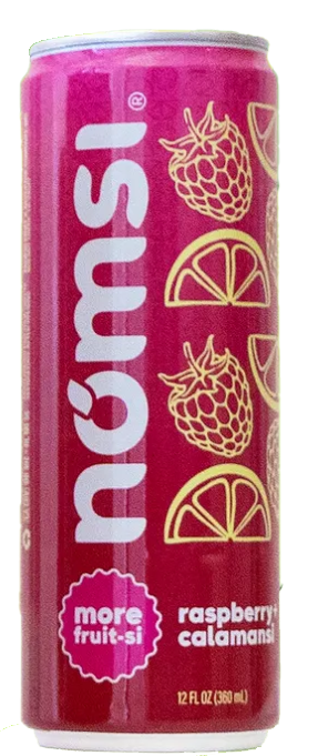 Can of Nomsi Calamansi + Raspberry soda combining zesty Filipino calamansi with juicy raspberry flavor, made with real fruit juice.