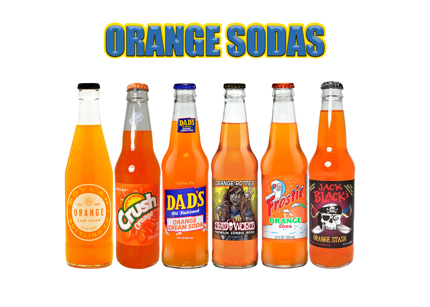 Assorted bottles of orange soda in a mixed case, featuring bold citrus flavors, smooth taste, and refreshing fizzy soda.