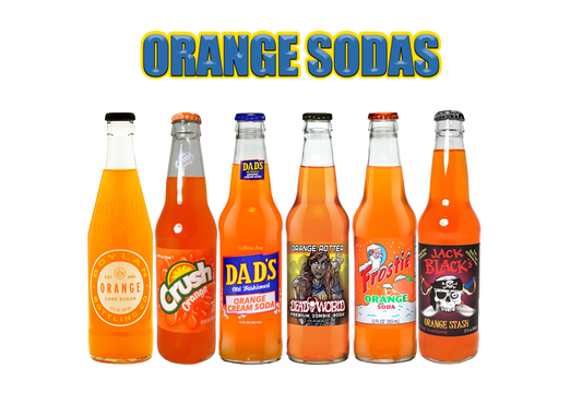 Assorted bottles of orange soda in a mixed case, featuring bold citrus flavors, smooth taste, and refreshing fizzy soda.
