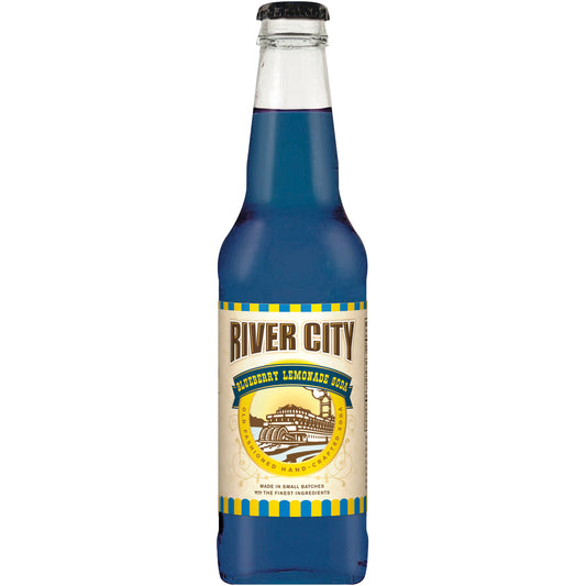 A bottle of River City Blueberry Lemonade sparkling soda with a label showing the product name and a blue liquid visible inside the bottle.
