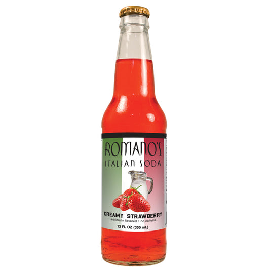 Bottle of Romanos Italian Soda with a creamy strawberry flavor on a white background