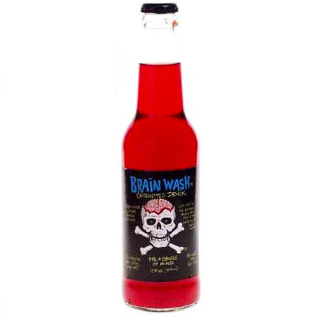 Bottle of Skeleteen's Red Brain Wash soda with a skull and crossbones label on a white background