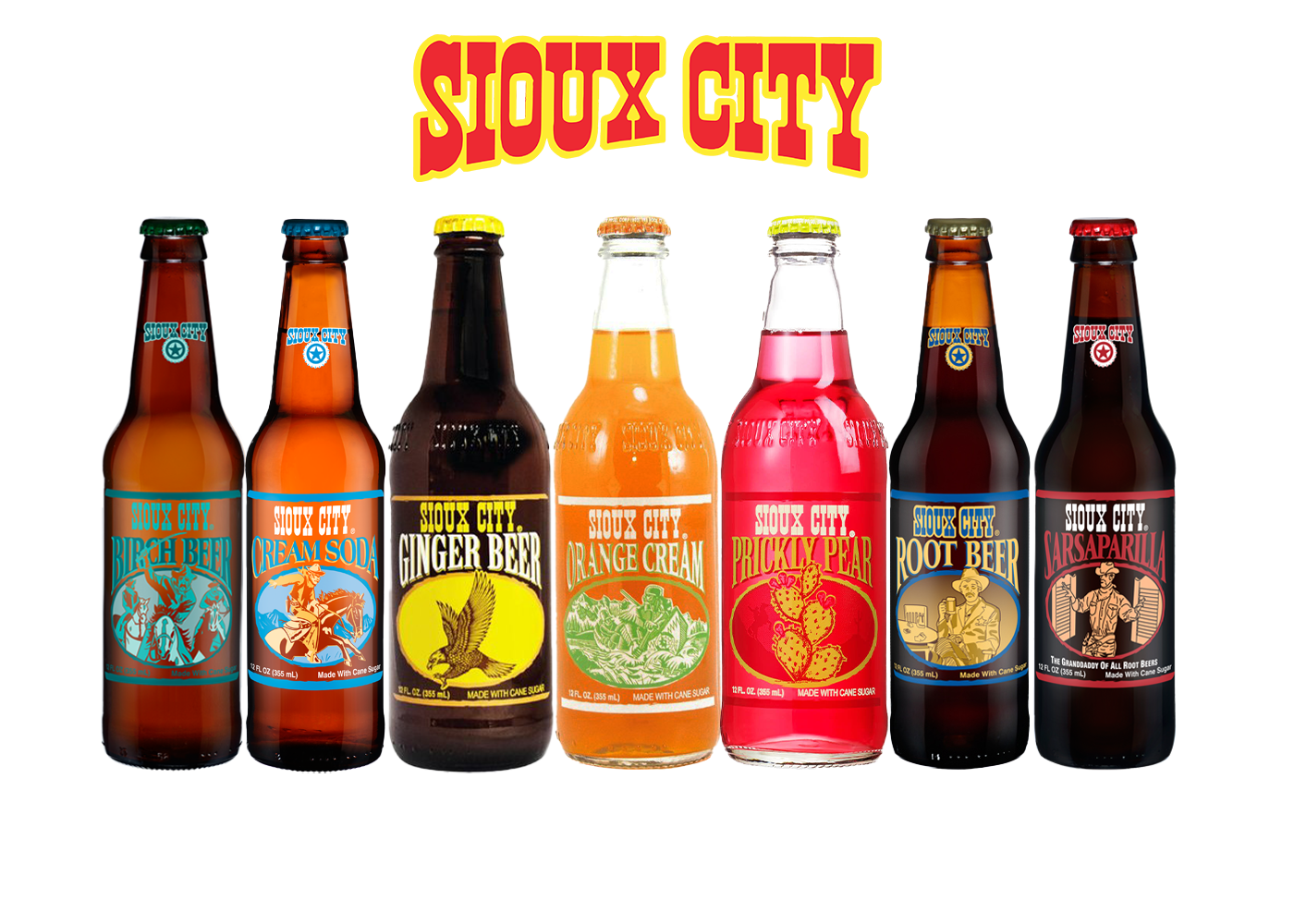 Assorted bottles from the Sioux City Mixed Case Variety Pack, featuring classic cream sodas, root beers, and fruity craft soda flavors.