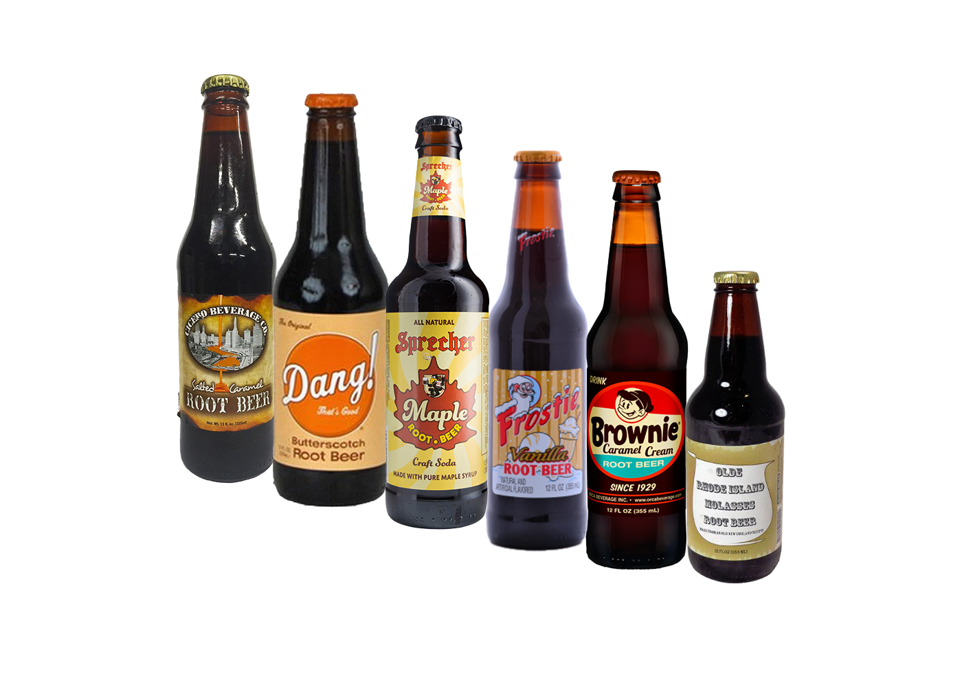 Mixed case of six unique craft sodas including Cicero Salted Caramel, Dang! Butterscotch, Sprecher Maple, Frostie Vanilla, Brownie Caramel Cream, and Olde Rhode Island Molasses.