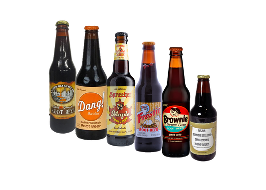 Mixed case of six unique craft sodas including Cicero Salted Caramel, Dang! Butterscotch, Sprecher Maple, Frostie Vanilla, Brownie Caramel Cream, and Olde Rhode Island Molasses.