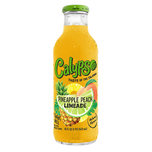Gold Calypso Pineapple Peach Limeade bottle on a white background